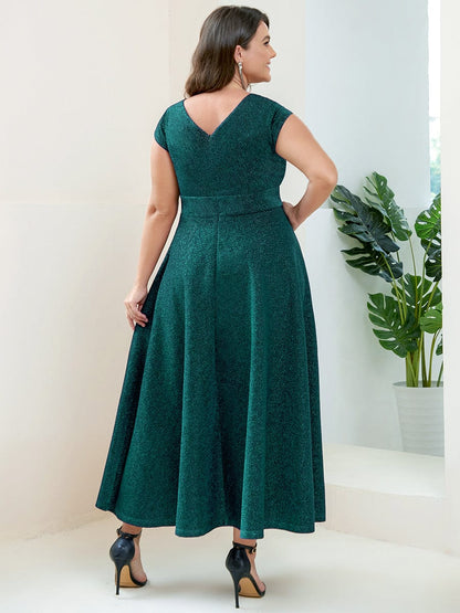 Pleated Cap Sleeve V-Neck A-Line Evening Dress #color_Dark Green