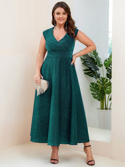 Pleated Cap Sleeve V-Neck A-Line Evening Dress #color_Dark Green