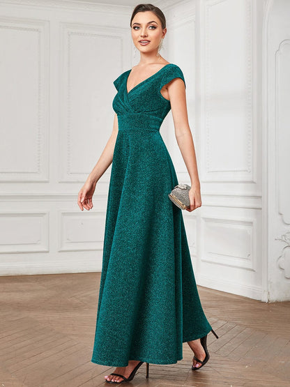 Pleated Cap Sleeve V-Neck A-Line Evening Dress #color_Dark Green