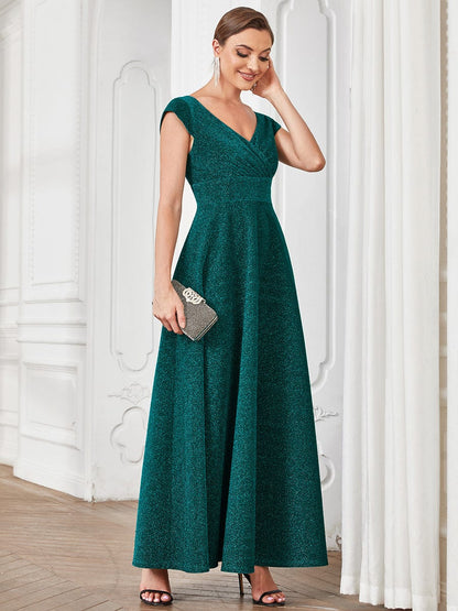 Pleated Cap Sleeve V-Neck A-Line Evening Dress #color_Dark Green