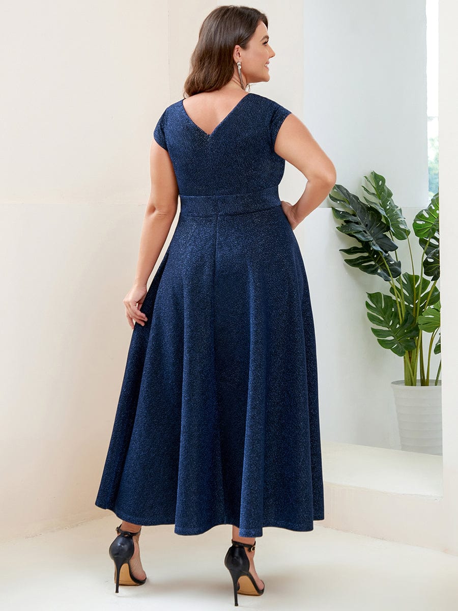 Pleated Cap Sleeve V-Neck A-Line Evening Dress #color_Navy Blue