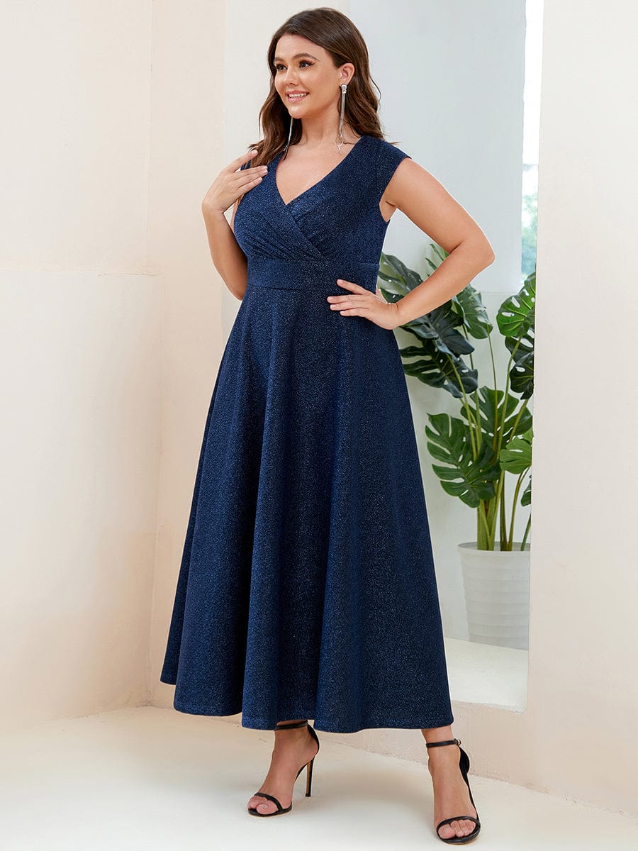 Plus Size Pleated A-Line Cap Sleeve V-Neck  Evening Dress #color_Navy Blue