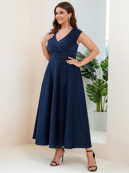 Plus Size Pleated A-Line Cap Sleeve V-Neck  Evening Dress #color_Navy Blue