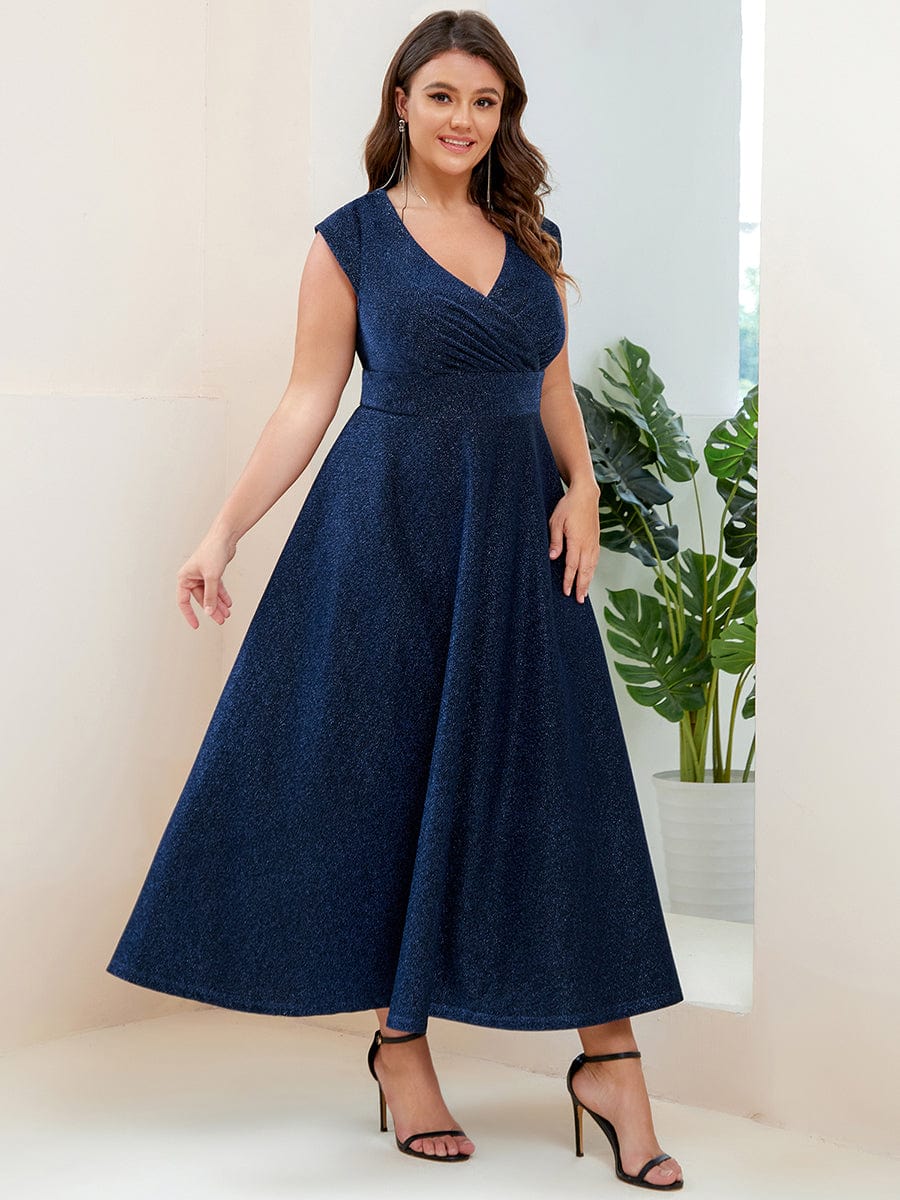 Plus Size Pleated A-Line Cap Sleeve V-Neck  Evening Dress #color_Navy Blue