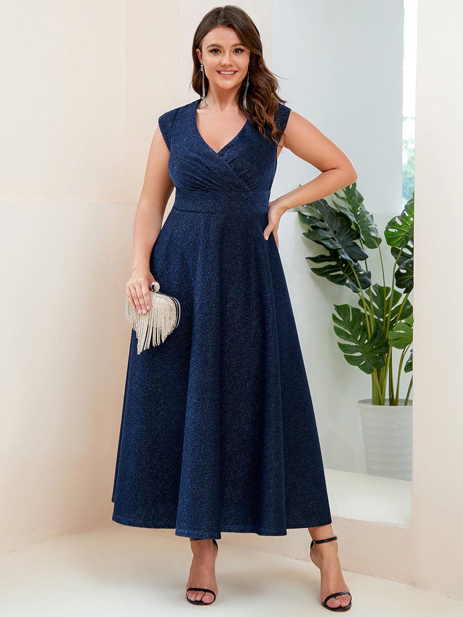 Pleated Cap Sleeve V-Neck A-Line Evening Dress #color_Navy Blue