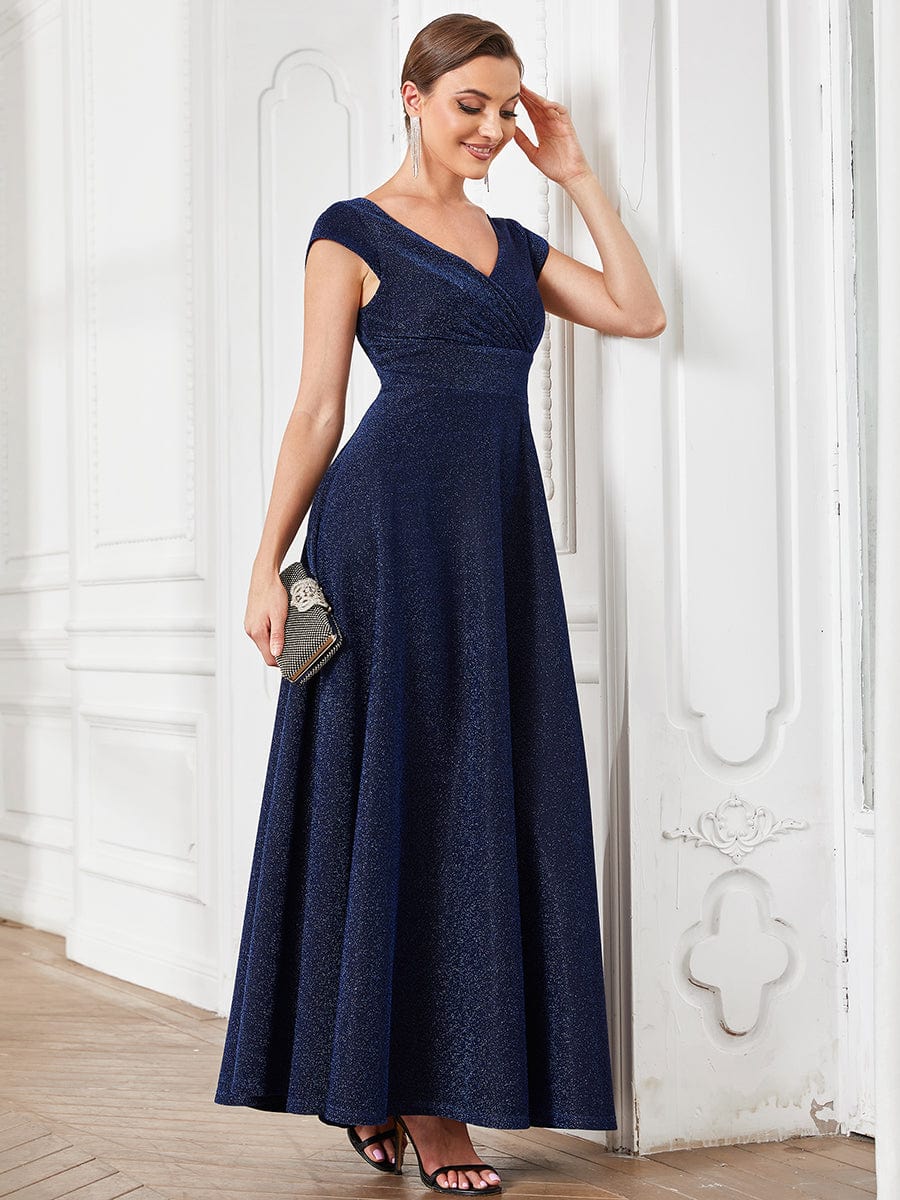 Pleated Cap Sleeve V-Neck A-Line Evening Dress #color_Navy Blue