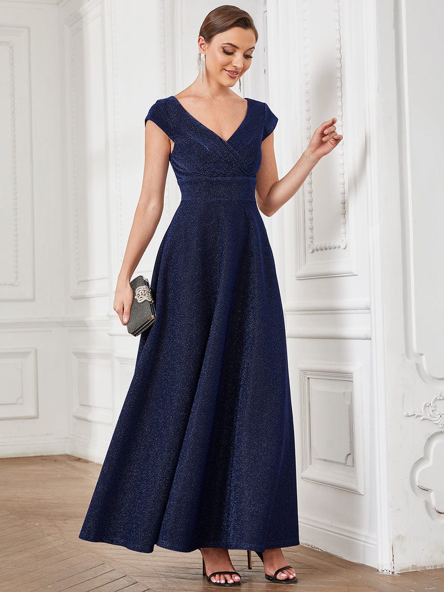 Pleated Cap Sleeve V-Neck A-Line Evening Dress #color_Navy Blue