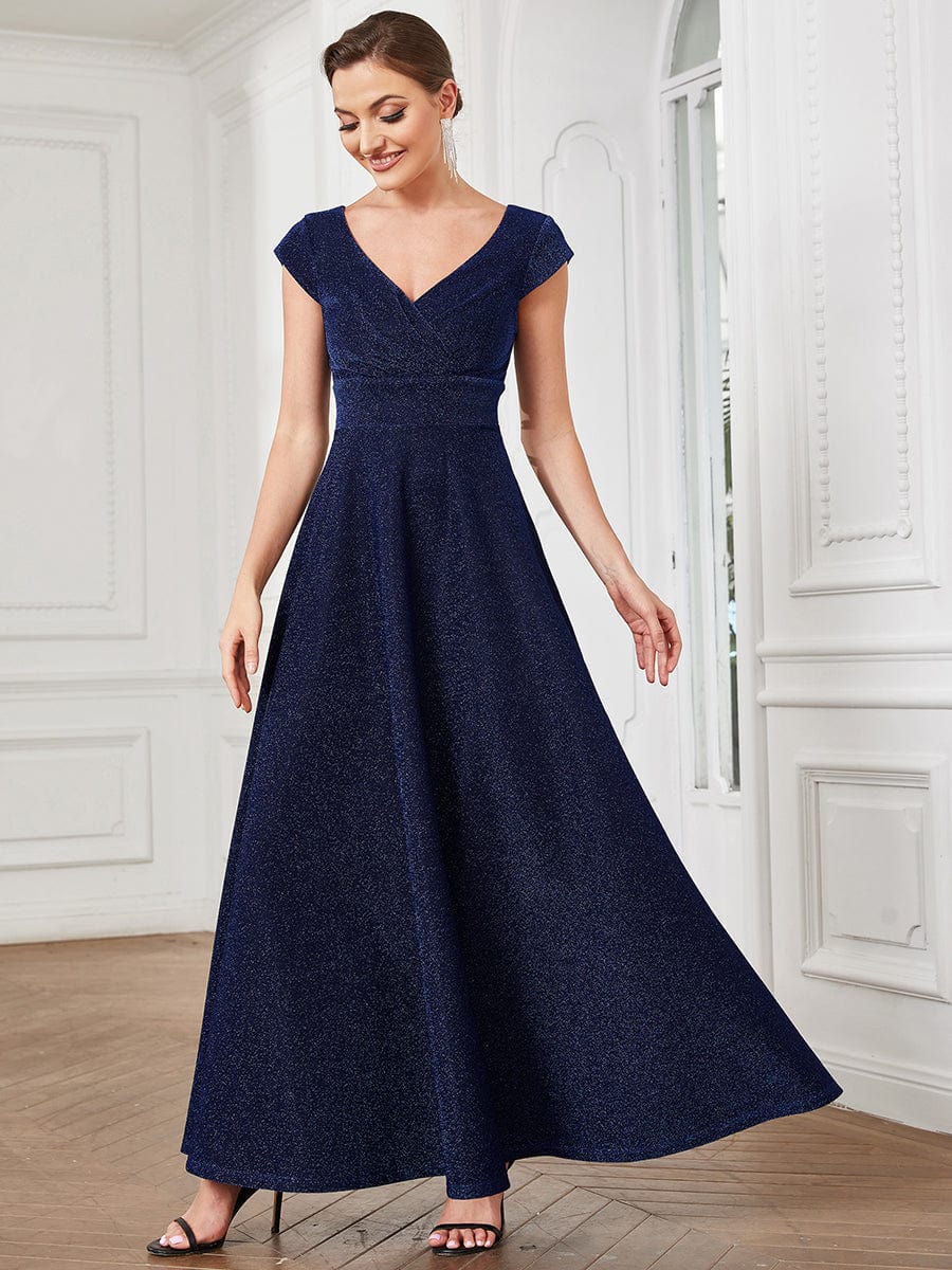 Pleated Cap Sleeve V-Neck A-Line Evening Dress #color_Navy Blue