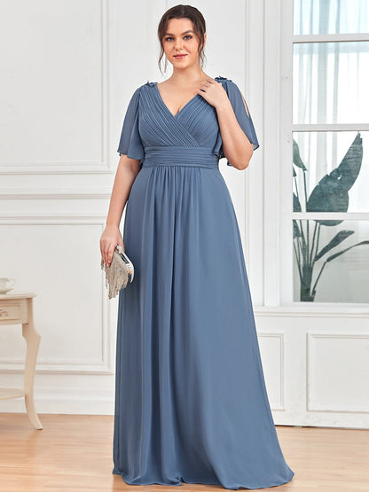 Plus Size Empire Waist Short Sleeve Pleated Chiffon Evening Dress