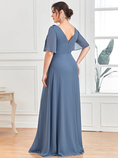 Plus Size Empire Waist Short Sleeve Pleated Chiffon Evening Dress #color_Dusty Navy