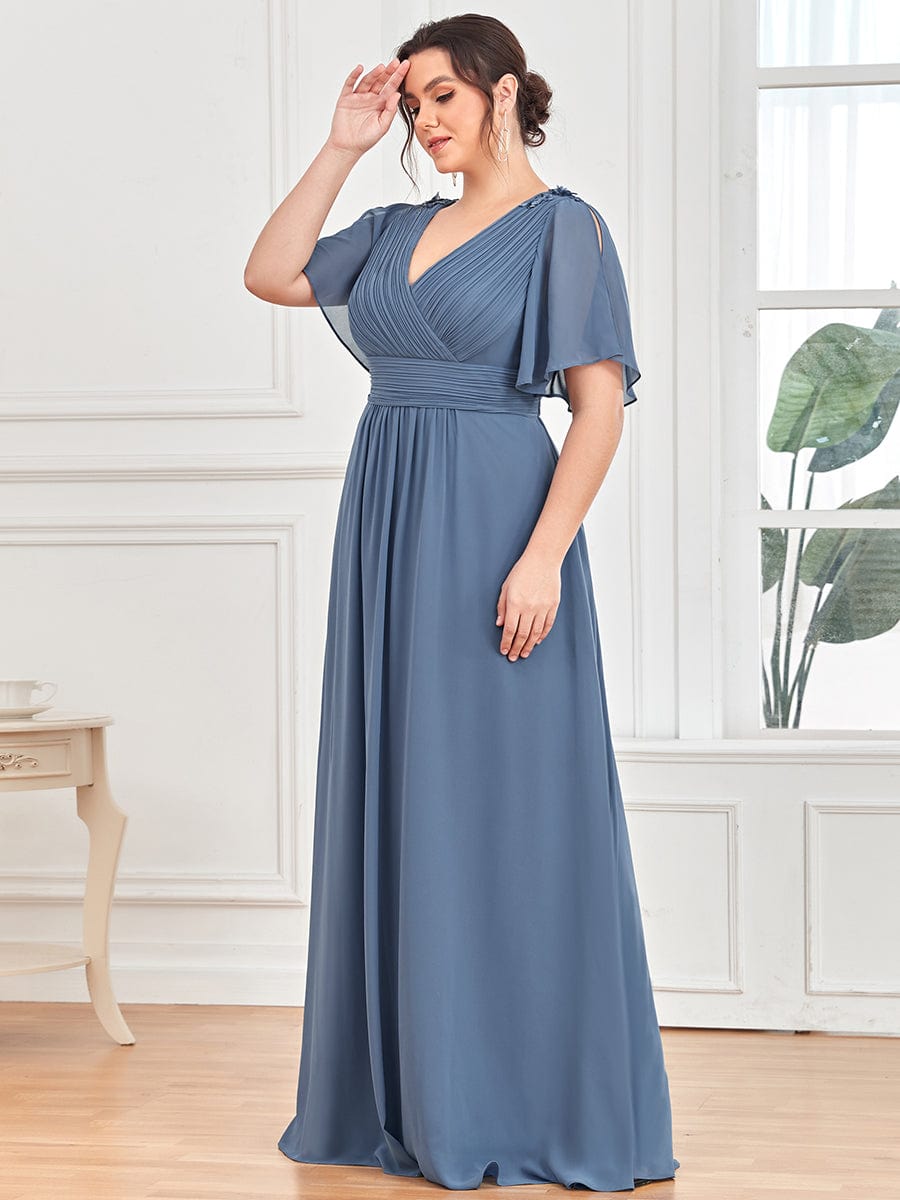 Plus Size Empire Waist Short Sleeve Pleated Chiffon Evening Dress #color_Dusty Navy