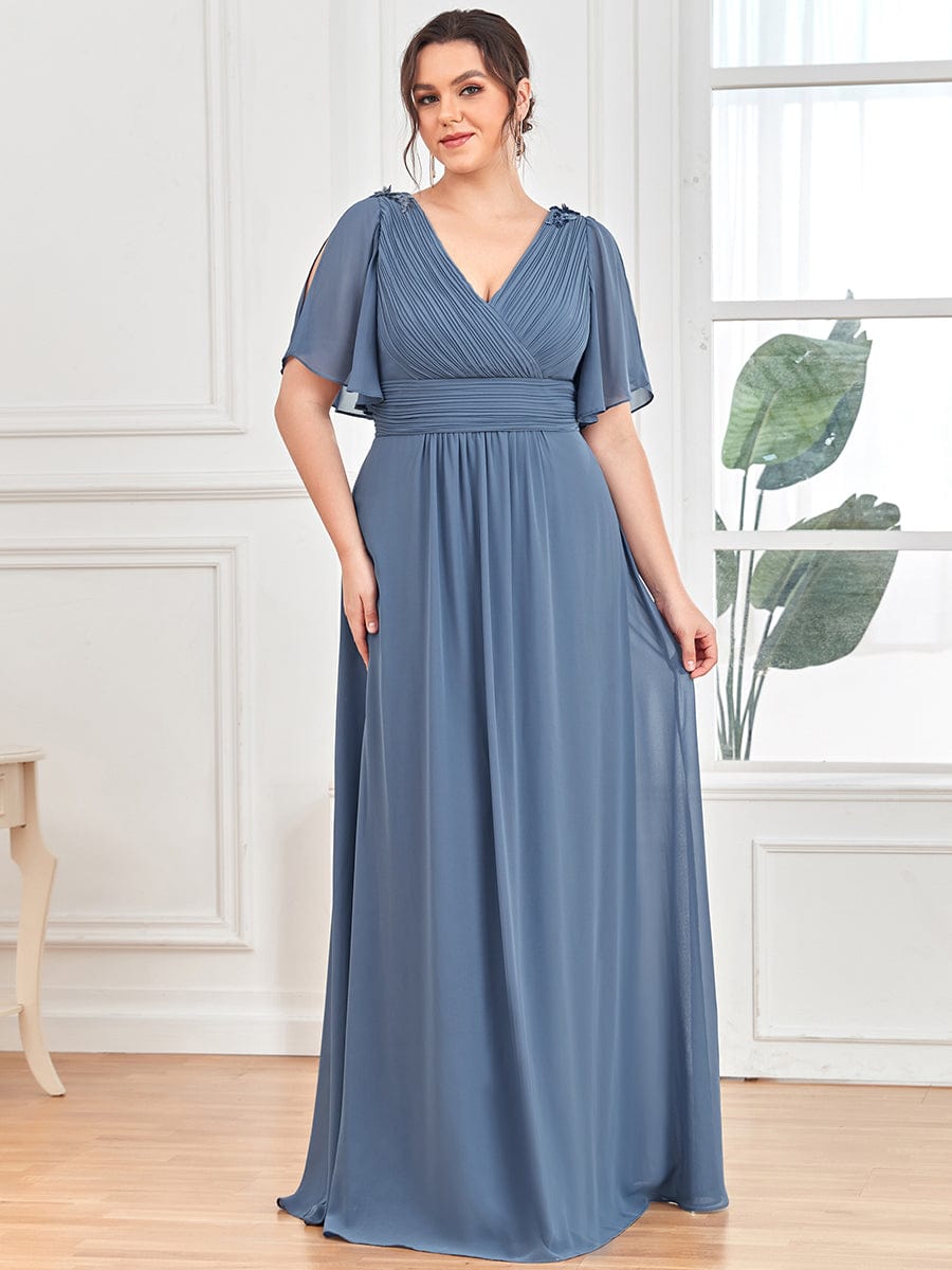 Plus Size Empire Waist Short Sleeve Pleated Chiffon Evening Dress #color_Dusty Navy