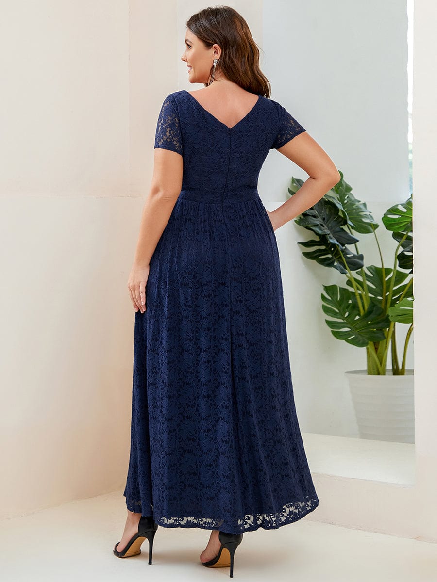 A-Line Short Sleeve V-Neck Lace Evening Dress #Color_Navy Blue