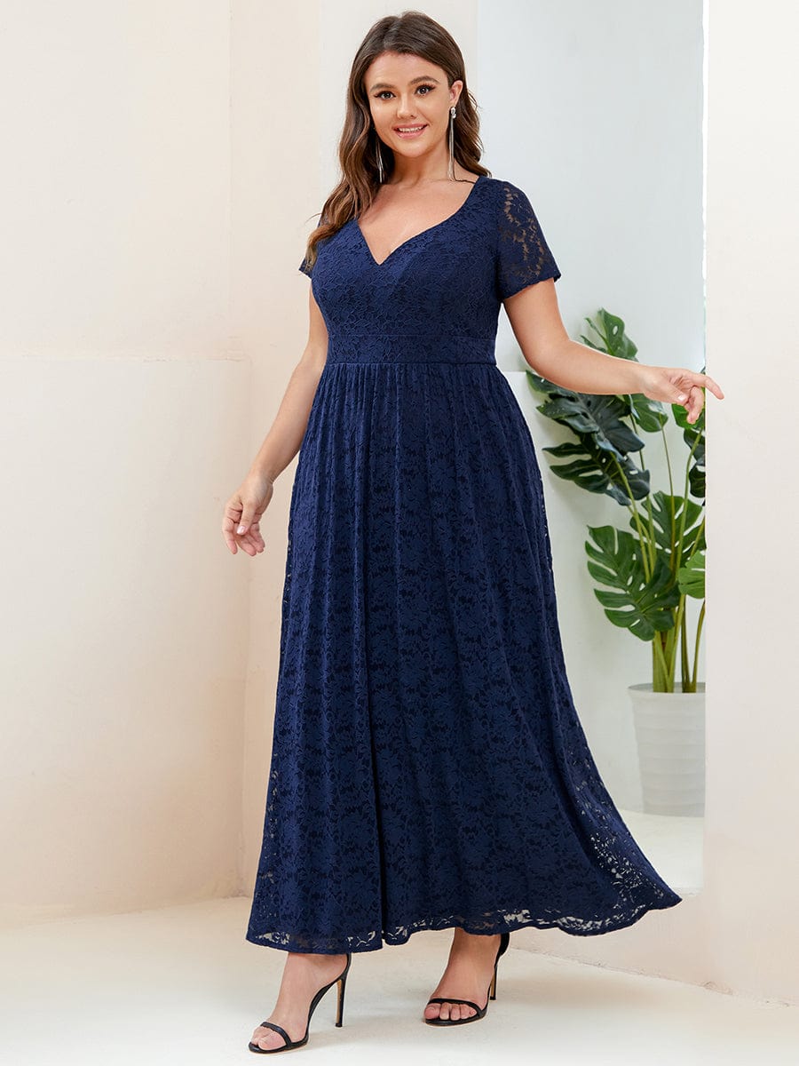 A-Line Short Sleeve V-Neck Lace Evening Dress #Color_Navy Blue