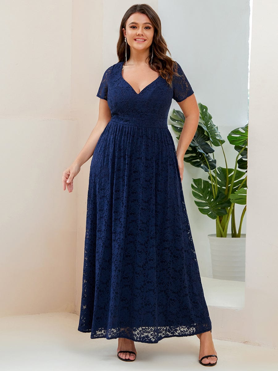 A-Line Short Sleeve V-Neck Lace Evening Dress #Color_Navy Blue