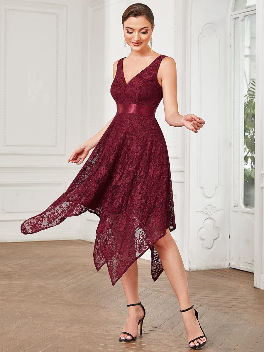 Lace Sleeveless Ribbon Waist Asymmetrical Hem Evening Dress #Color_Burgundy