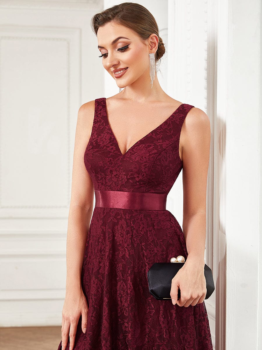 Lace Sleeveless Ribbon Waist Asymmetrical Hem Evening Dress #Color_Burgundy