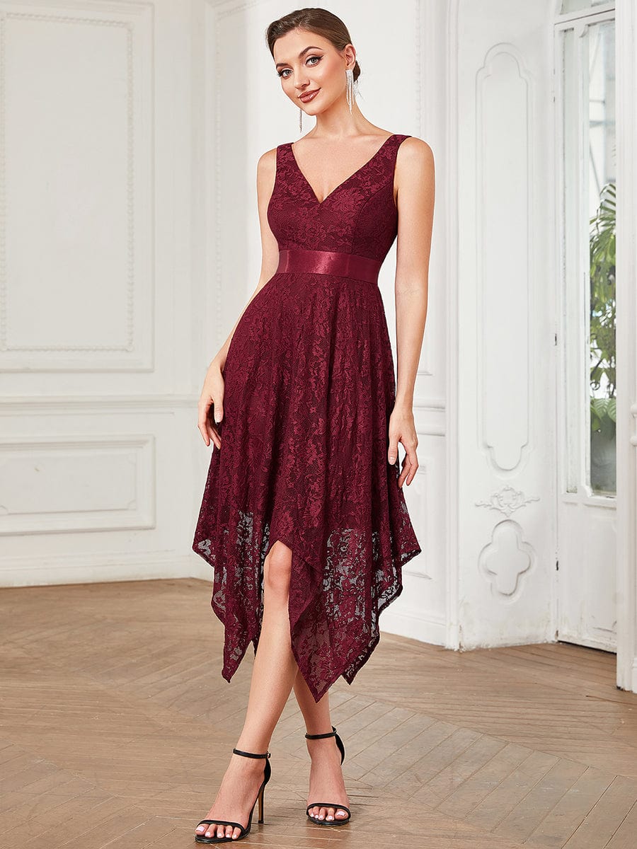 Lace Sleeveless Ribbon Waist Asymmetrical Hem Evening Dress