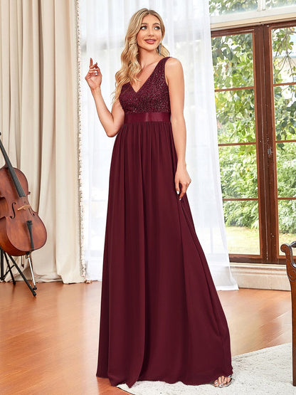 Sequin Sleeveless Plunging V-Neck Ribbon Waist Chiffon A-Line Evening Dress