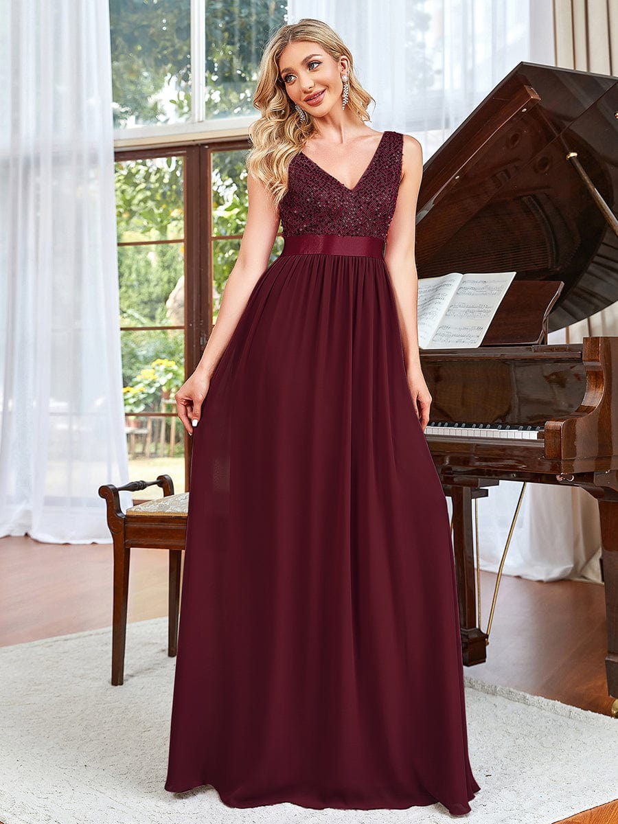 Sequin Sleeveless Plunging V-Neck Ribbon Waist Chiffon A-Line Evening Dress #color_Burgundy