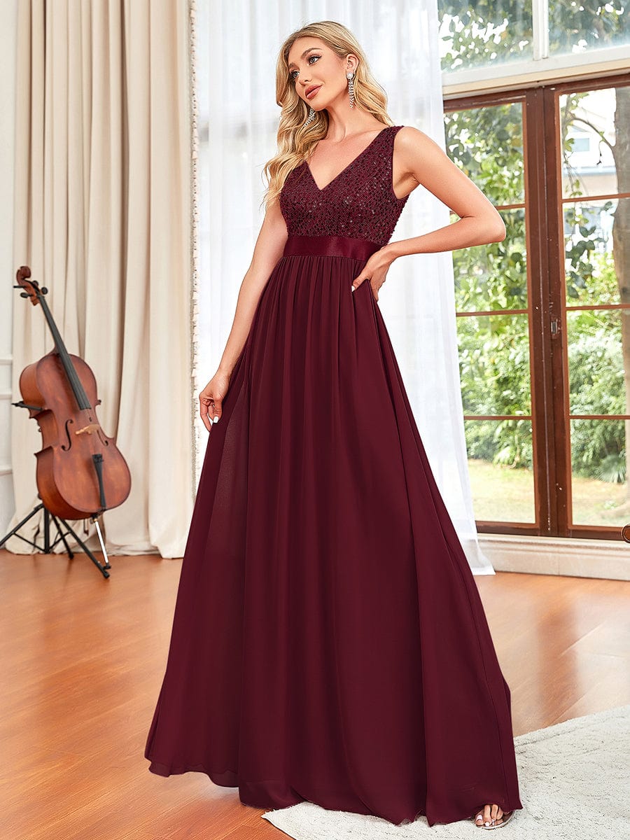 Sequin Sleeveless Plunging V-Neck Ribbon Waist Chiffon A-Line Evening Dress #color_Burgundy