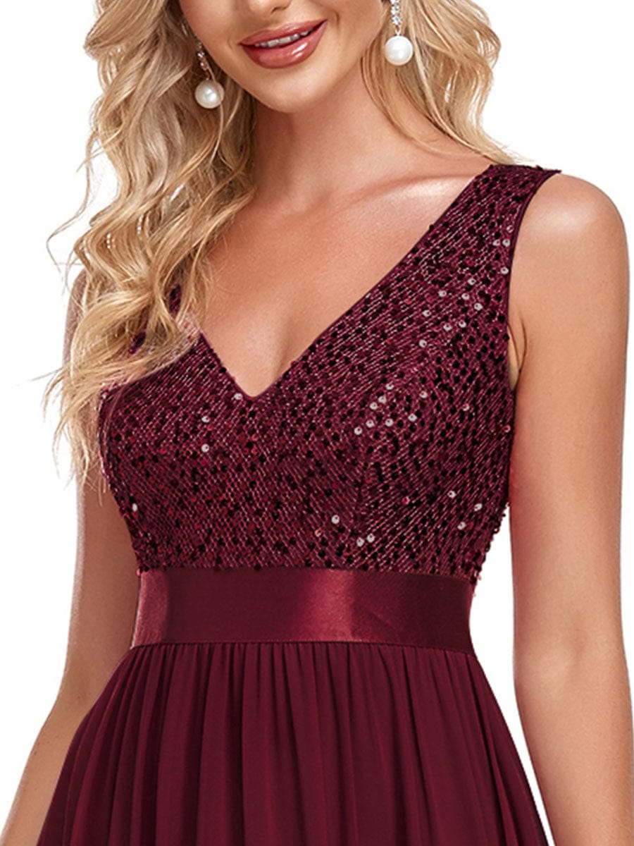 Sequin Sleeveless Plunging V-Neck Ribbon Waist Chiffon A-Line Evening Dress #color_Burgundy