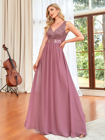 Sequin Sleeveless Plunging V-Neck Ribbon Waist Chiffon A-Line Evening Dress #color_Purple Orchid