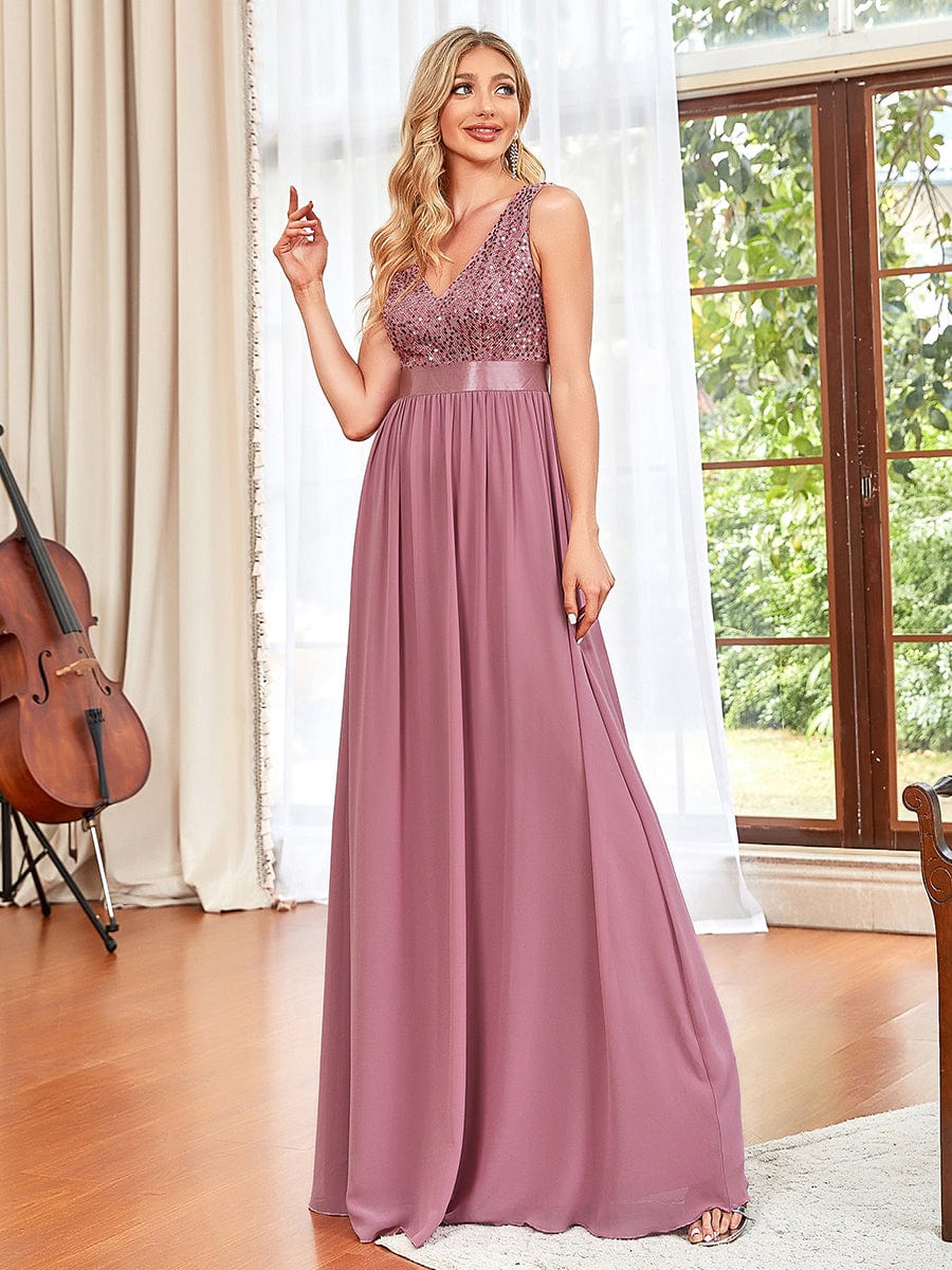 Sequin Sleeveless Plunging V-Neck Ribbon Waist Chiffon A-Line Evening Dress #color_Purple Orchid