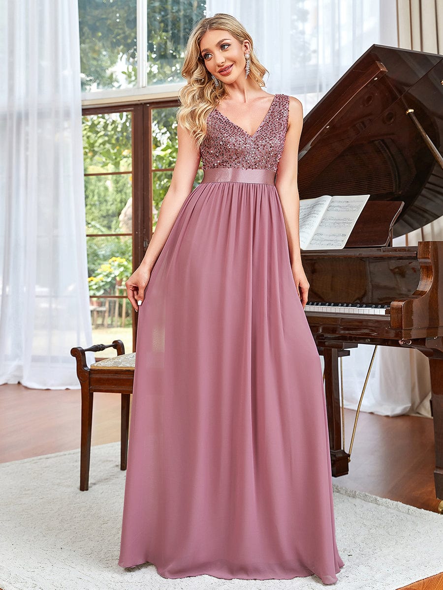 Sequin Sleeveless Plunging V-Neck Ribbon Waist Chiffon A-Line Evening Dress #color_Purple Orchid