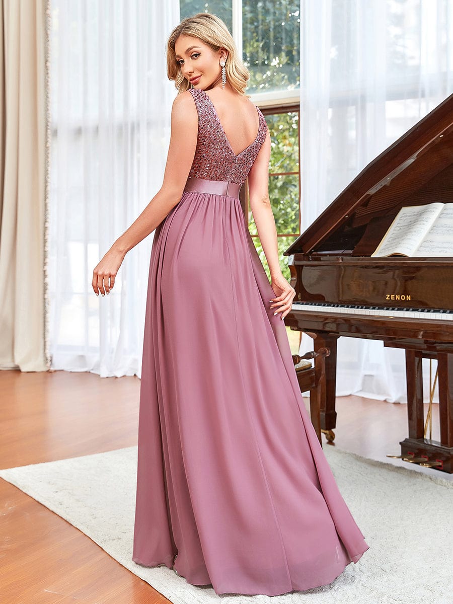 Sequin Sleeveless Plunging V-Neck Ribbon Waist Chiffon A-Line Evening Dress #color_Purple Orchid