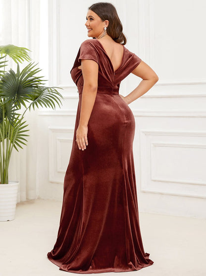 Velvet Pleated V-Neck Cap Sleeve Evening Dress #Color_Brick Red