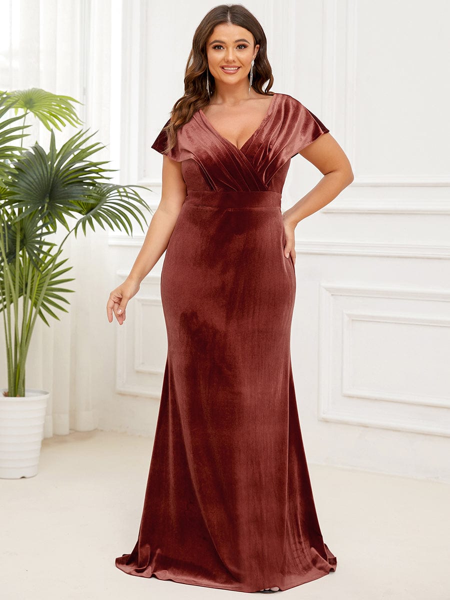 Plus Size V-Neck Velvet Pleated Floor Length Evening Dress #Color_Brick Red