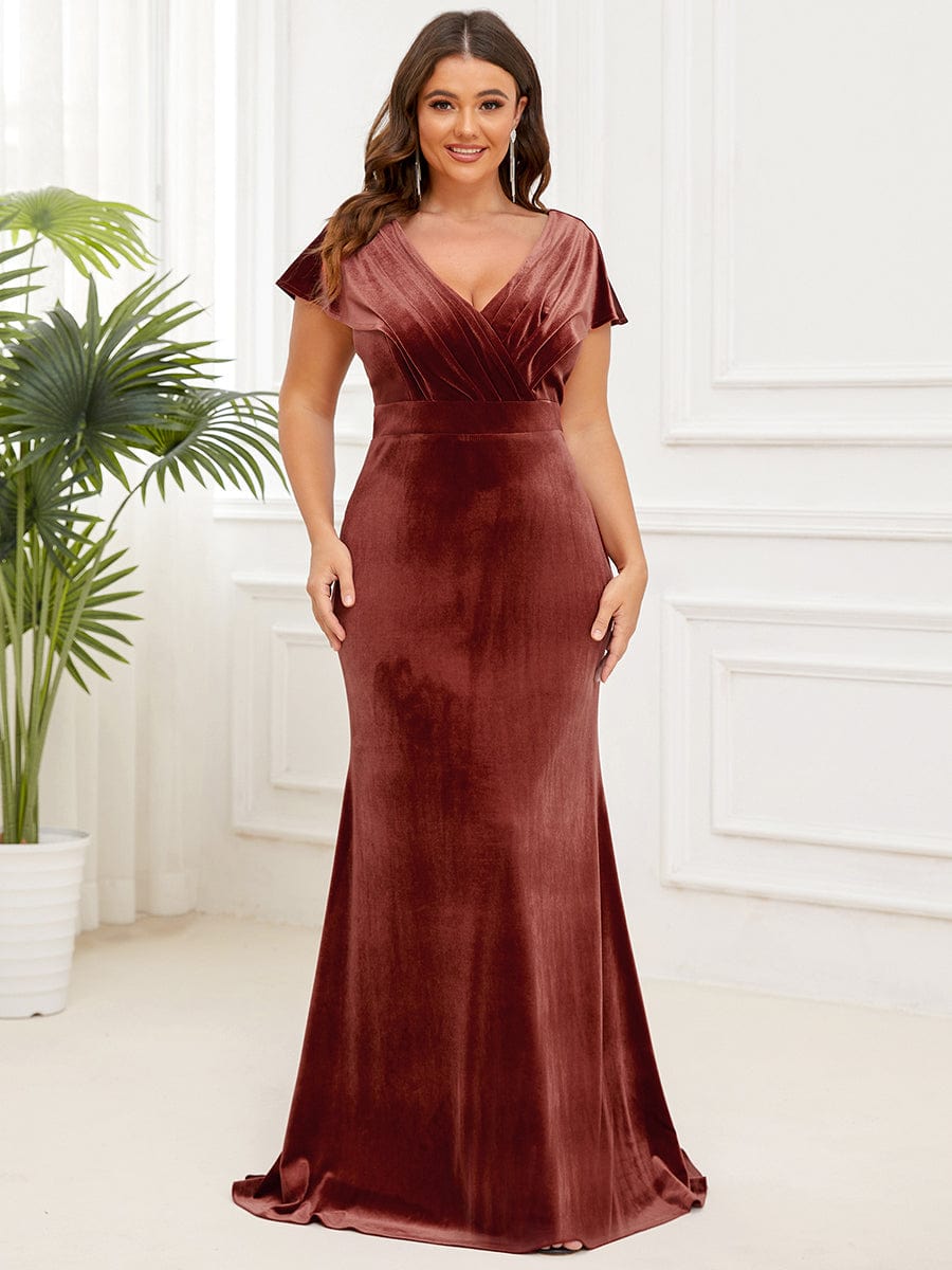 Velvet Pleated V-Neck Cap Sleeve Evening Dress #Color_Brick Red