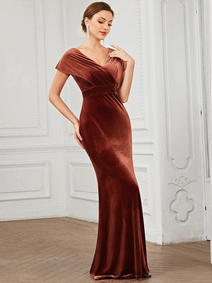 Velvet Pleated V-Neck Cap Sleeve Evening Dress #Color_Brick Red