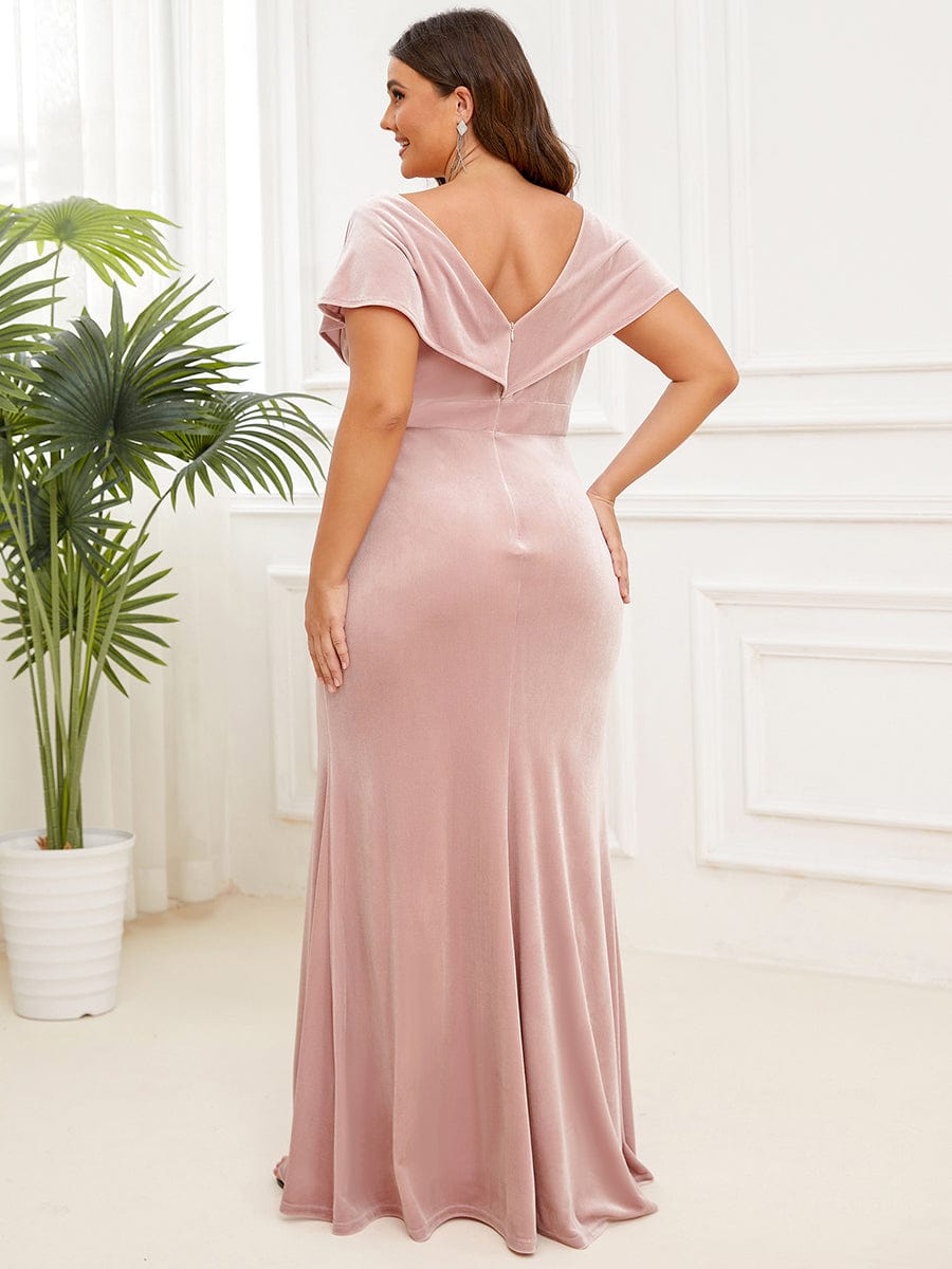 Velvet Pleated V-Neck Cap Sleeve Evening Dress #Color_Pink