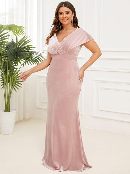 Plus Size V-Neck Velvet Pleated Floor Length Evening Dress #Color_Pink