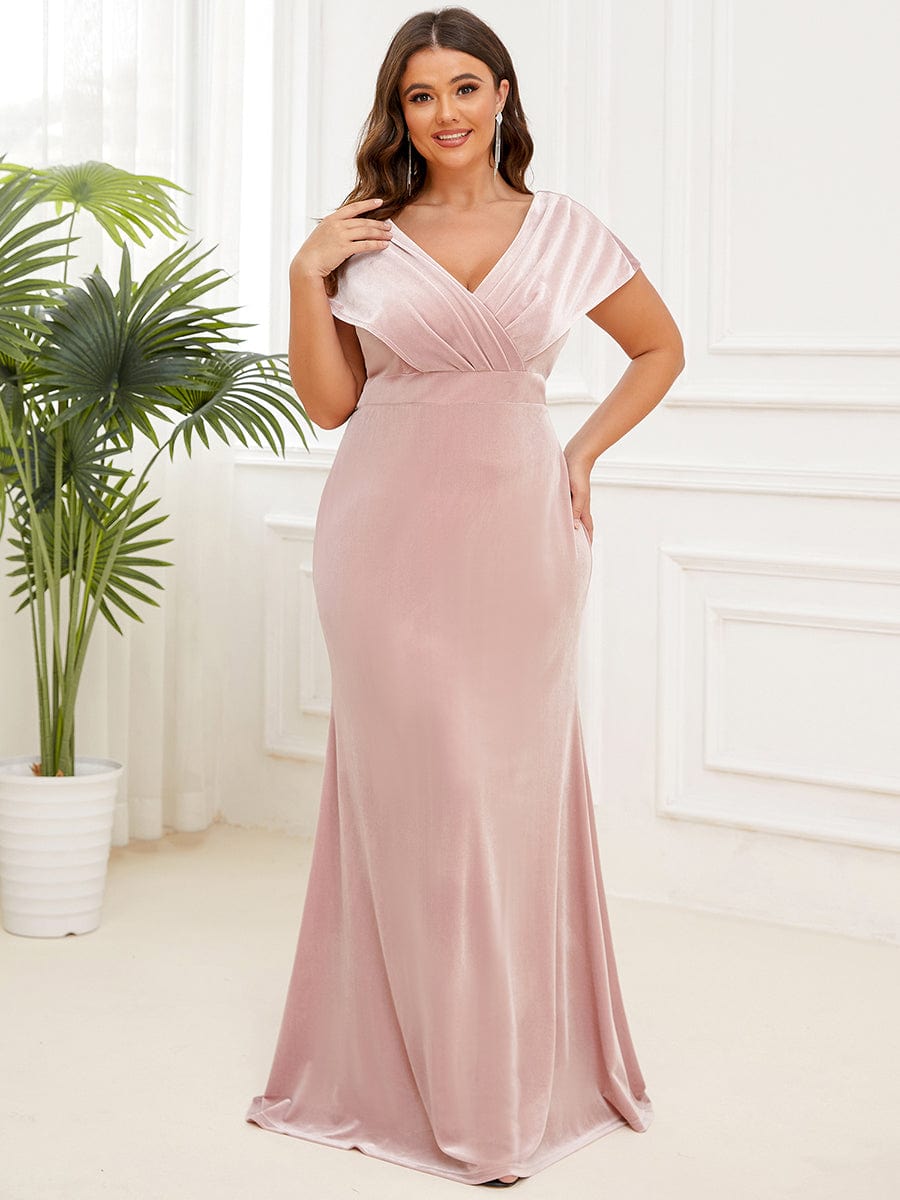 Velvet Pleated V-Neck Cap Sleeve Evening Dress #Color_Pink