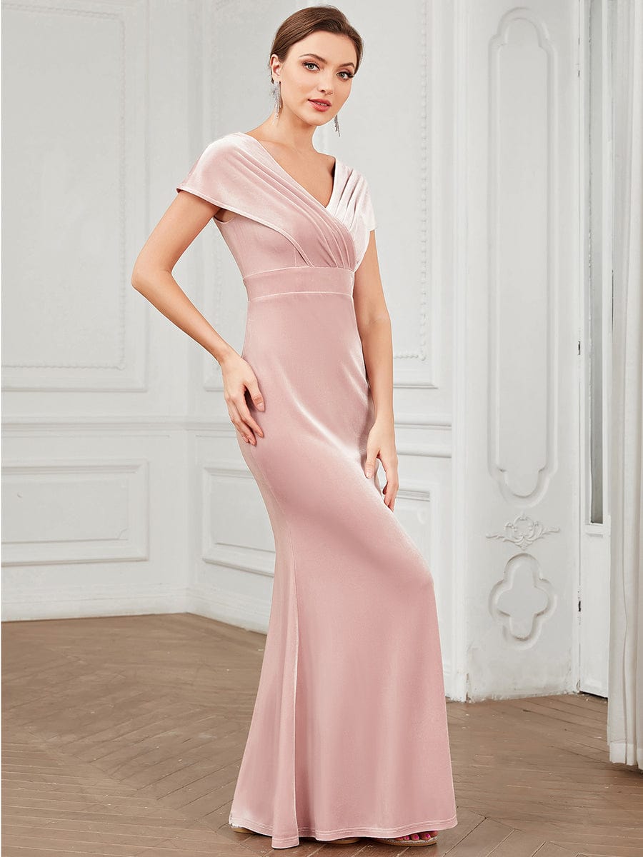 Velvet Pleated V-Neck Cap Sleeve Evening Dress #Color_Pink