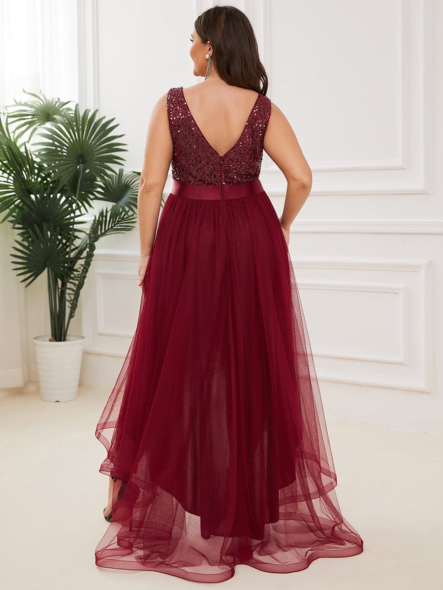 Custom Size Sequin Sleeveless Ribbon Waist Tulle High Low Evening Dress #color_Burgundy