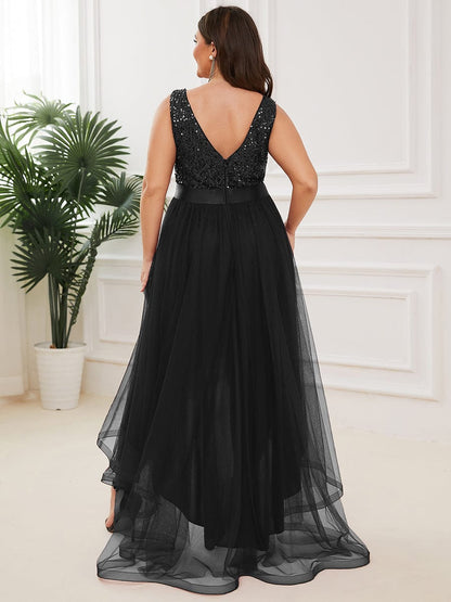 Sleeveless Sequin Ribbon Waist Tulle High Low Evening Dress #color_Black