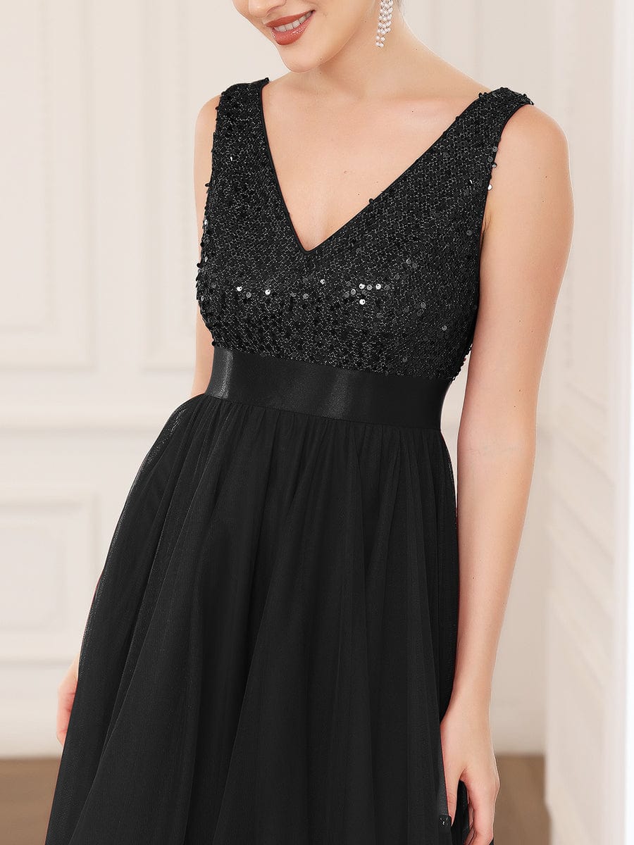 Sleeveless Sequin Ribbon Waist Tulle High Low Evening Dress #color_Black