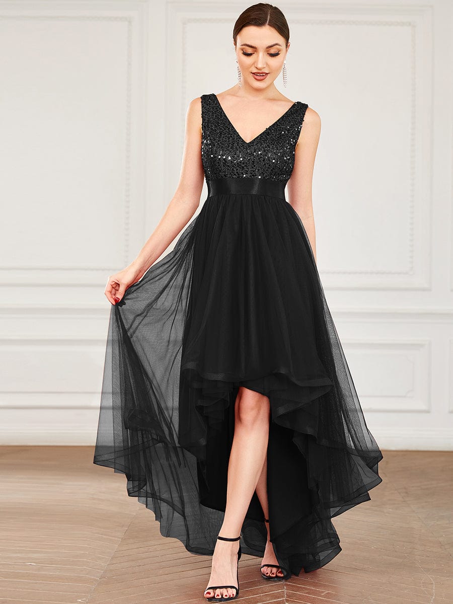 Sleeveless Sequin Ribbon Waist Tulle High Low Evening Dress #color_Black