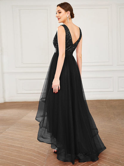 Sleeveless Sequin Ribbon Waist Tulle High Low Evening Dress #color_Black