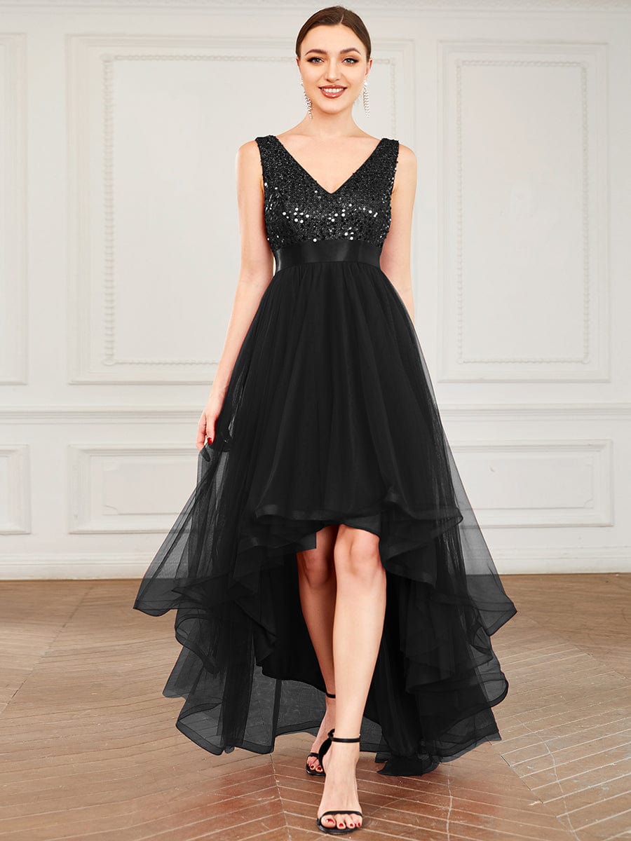 Sleeveless Sequin Ribbon Waist Tulle High Low Evening Dress #color_Black