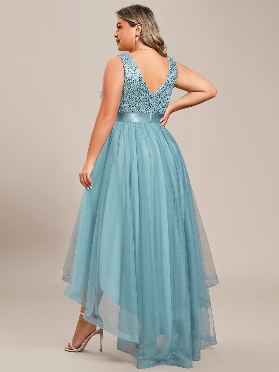 Sleeveless Sequin Ribbon Waist Tulle High Low Evening Dress #color_Dusty Blue