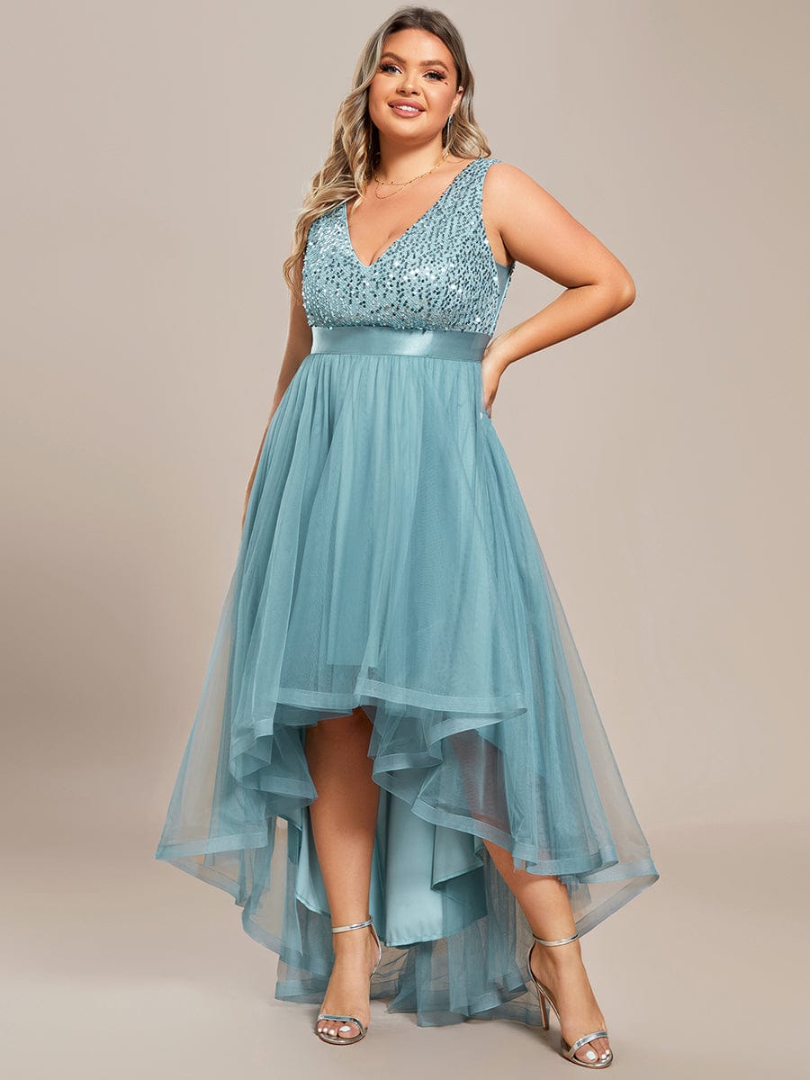 Plus Size Sleeveless Sequin Ribbon Waist Tulle High Low Evening Dress #color_Dusty Blue