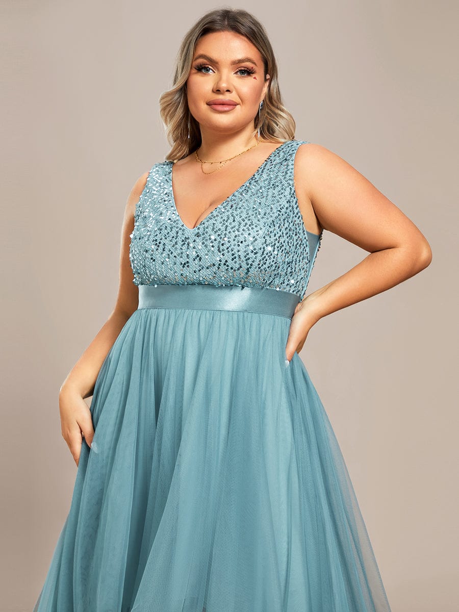 Sleeveless Sequin Ribbon Waist Tulle High Low Evening Dress #color_Dusty Blue