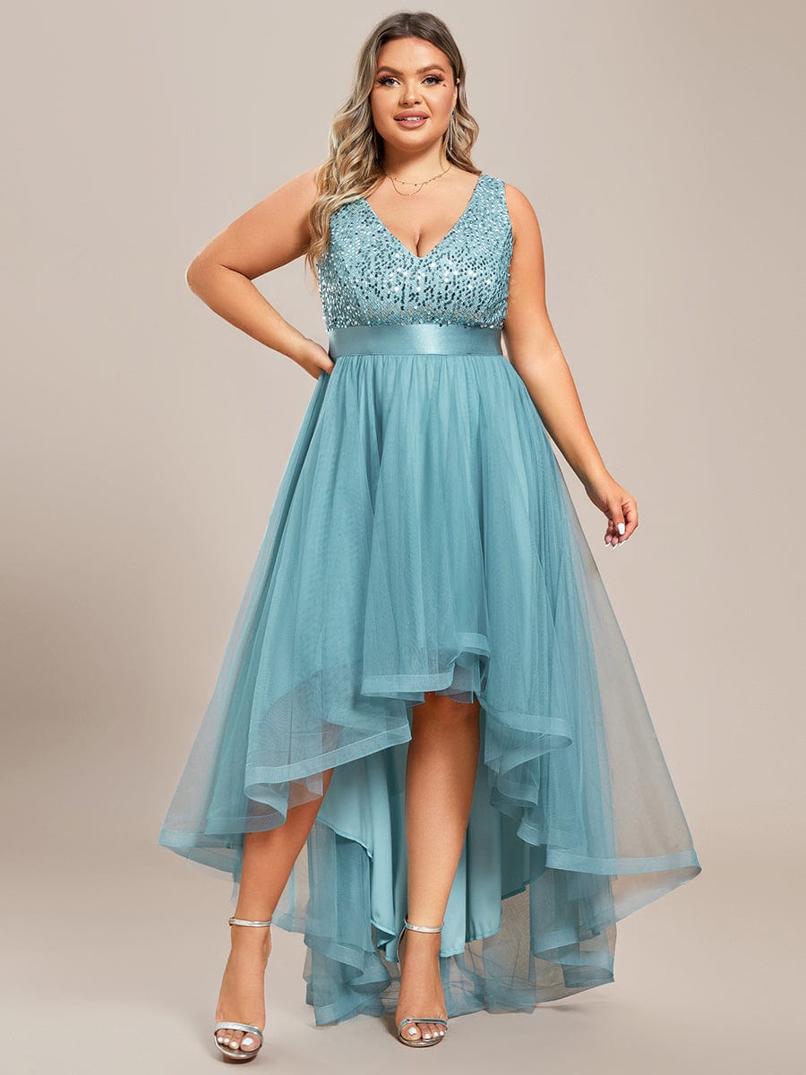 Sleeveless Sequin Ribbon Waist Tulle High Low Evening Dress #color_Dusty Blue