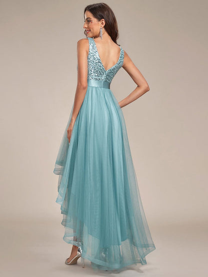 Custom Size Sequin Sleeveless Ribbon Waist Tulle High Low Evening Dress #color_Dusty Blue