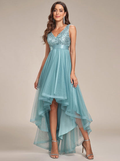 Sleeveless Sequin Ribbon Waist Tulle High Low Evening Dress #color_Dusty Blue